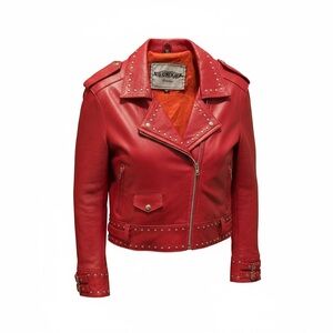 Unik Red Studded Leather Moto Jacket